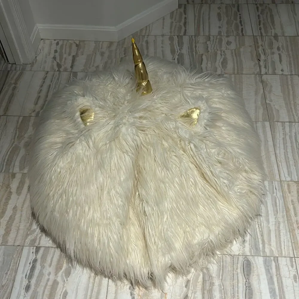 Cream faux lamb fir gold unicorn horn and ears like new bean bag large 40x40”